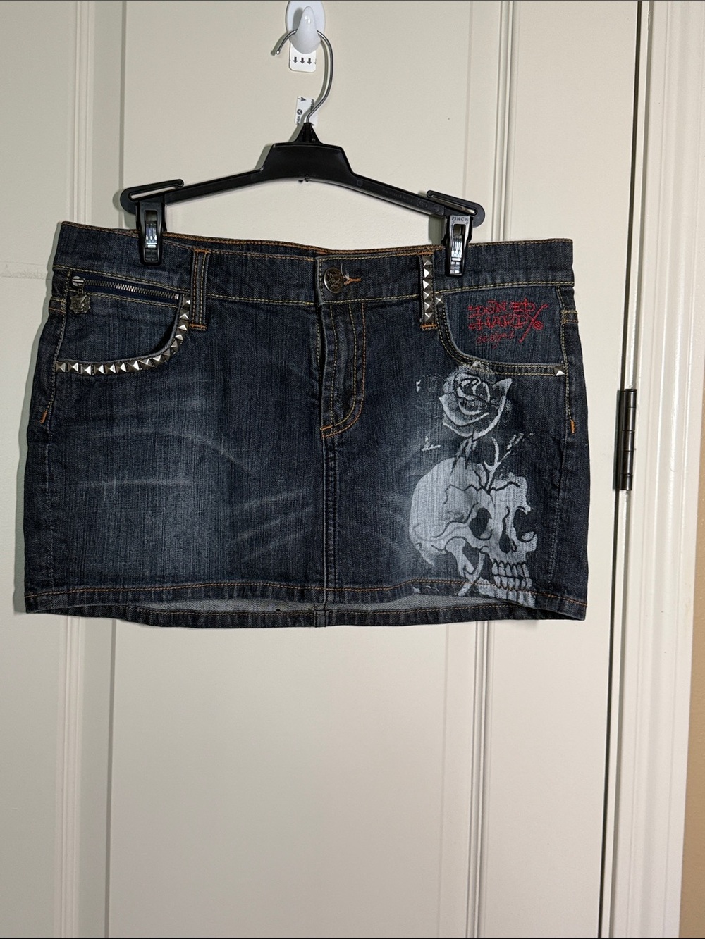 Ed Hardy Black Wash Denim Mini Skirt with Skull & Rose Art